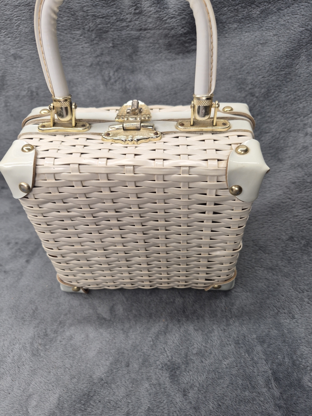 Vintage Retro SIMON Cream White Woven structured Handbag Gold Tone Hardware